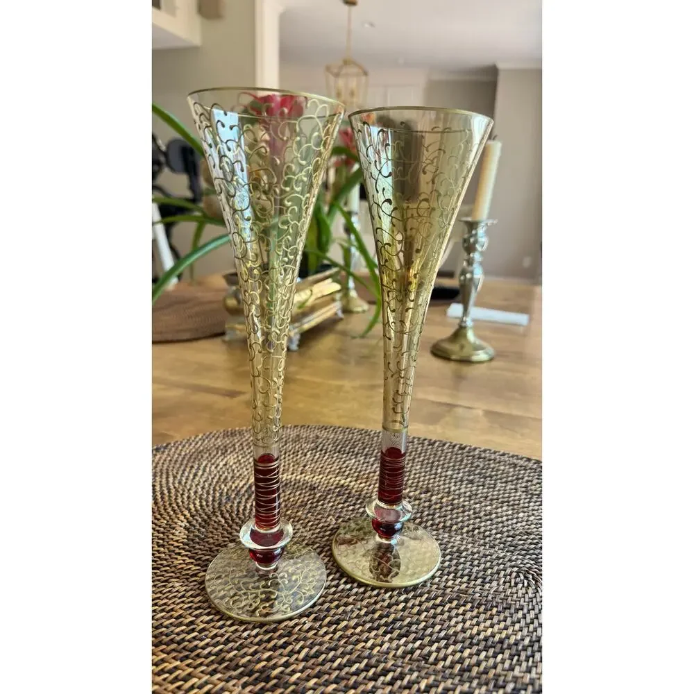 Pier 1 Imports Rioja Ruby and Gold Hand Painted Champagne Flute Glasses
